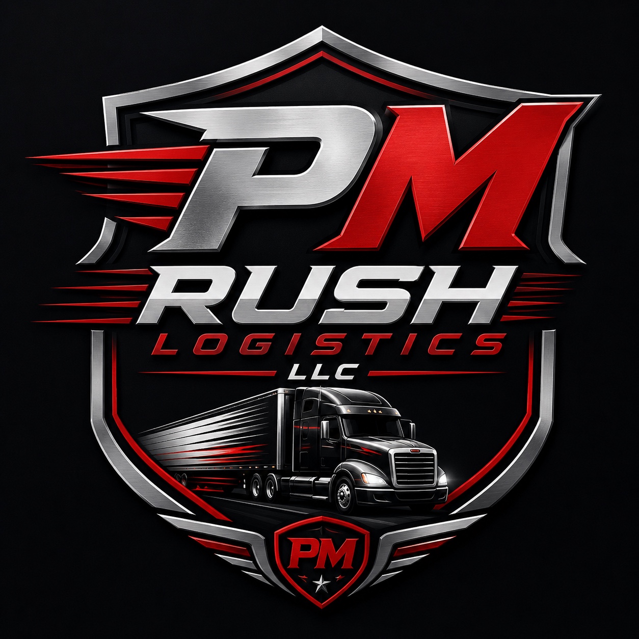 PM Rush Logistics LLC logo featuring a tractor-trailer